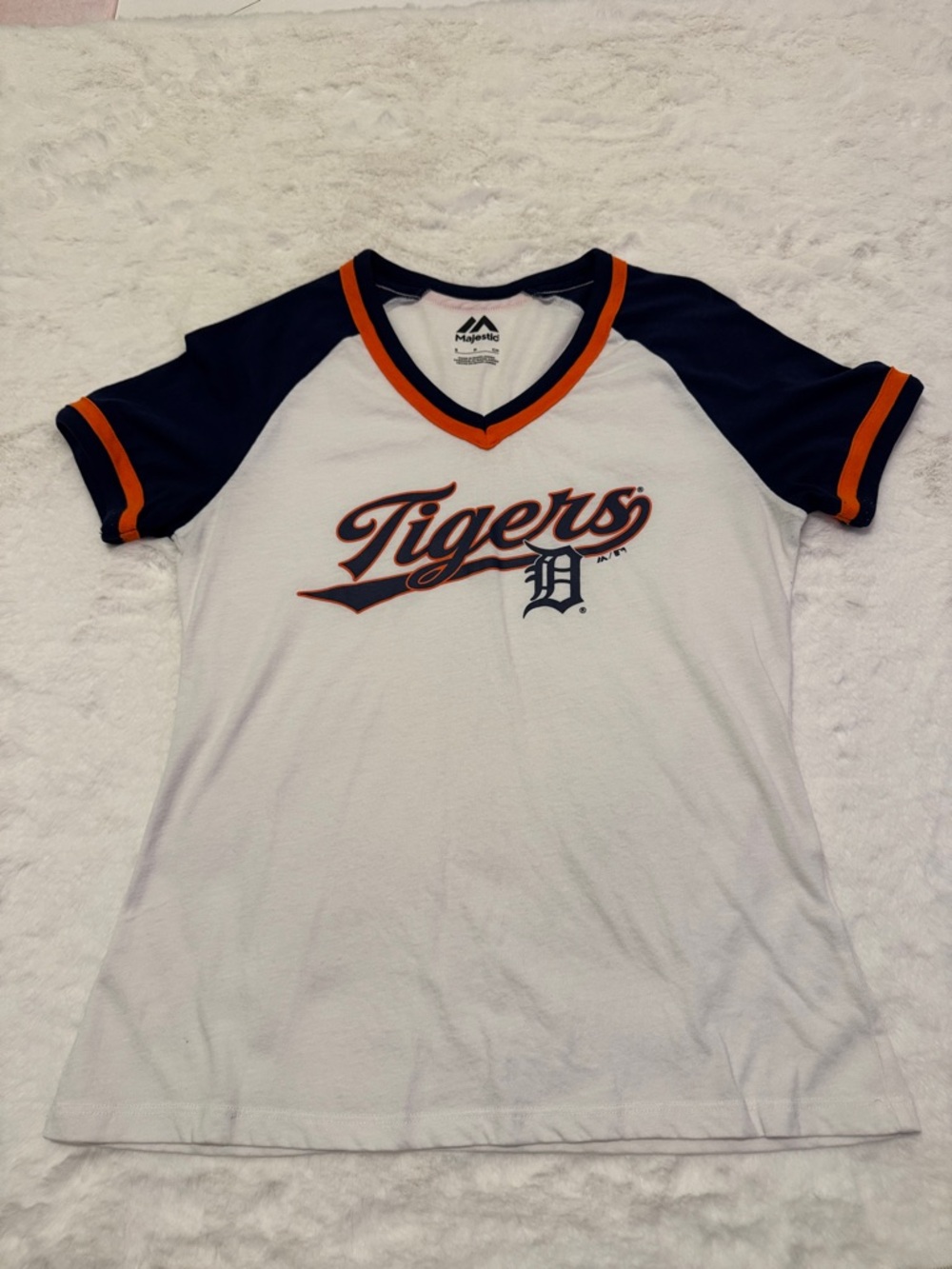 Majestic White Navy and Orange Detroit Tigers V-Neck Fan Tee